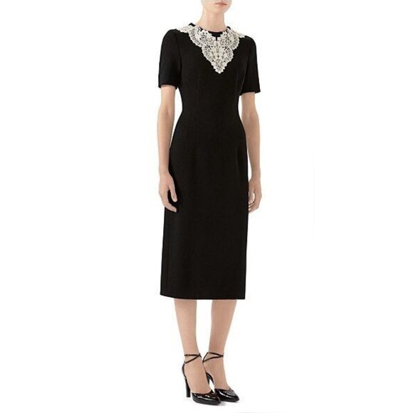 GUCCI DRESS BLACK WOOL SABLE LACE MIDI SHORT SLEEVES sz IT 40 US 4 - Picture 1 of 15